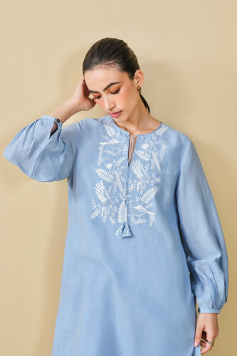 Cloud Sky Hand-embroidered Chikankari Bemberg Linen Coord, Blue, image 11